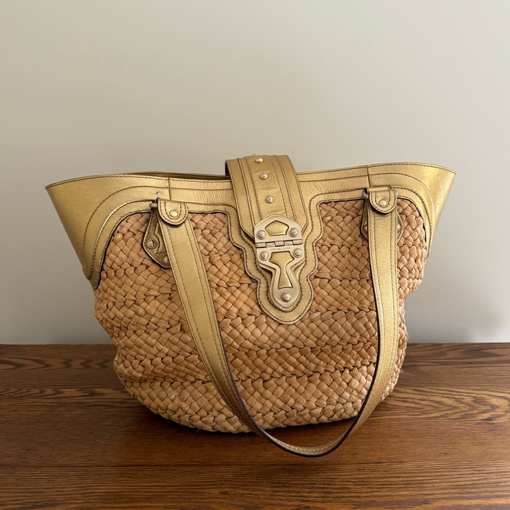 Michael Kors Gold + Woven Straw Bag